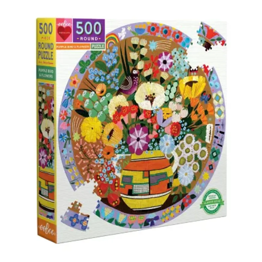 Eeboo Piece And Love Purple Bird And Flowers 500 Piece Round Jigsaw Puzzle   23" In Diameter Puzzle