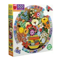 Eeboo Piece And Love Purple Bird And Flowers 500 Piece Round Jigsaw Puzzle   23" In Diameter Puzzle