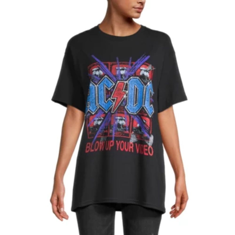 NEW WORLD Juniors ACDC Blow Up Your Video Womens Round Neck Short Sleeve  Oversized Graphic T-Shirt