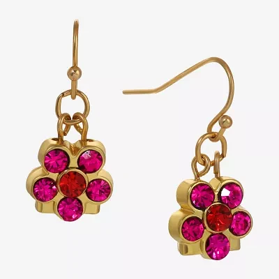 1928 Gold Tone & Pink Crystal Flower Drop Earrings