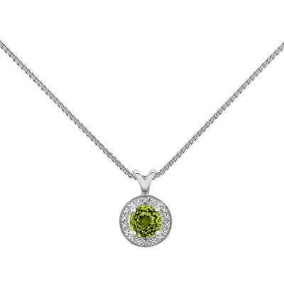 Womens Diamond Accent Genuine Green Peridot Sterling Silver Round Pendant Necklace