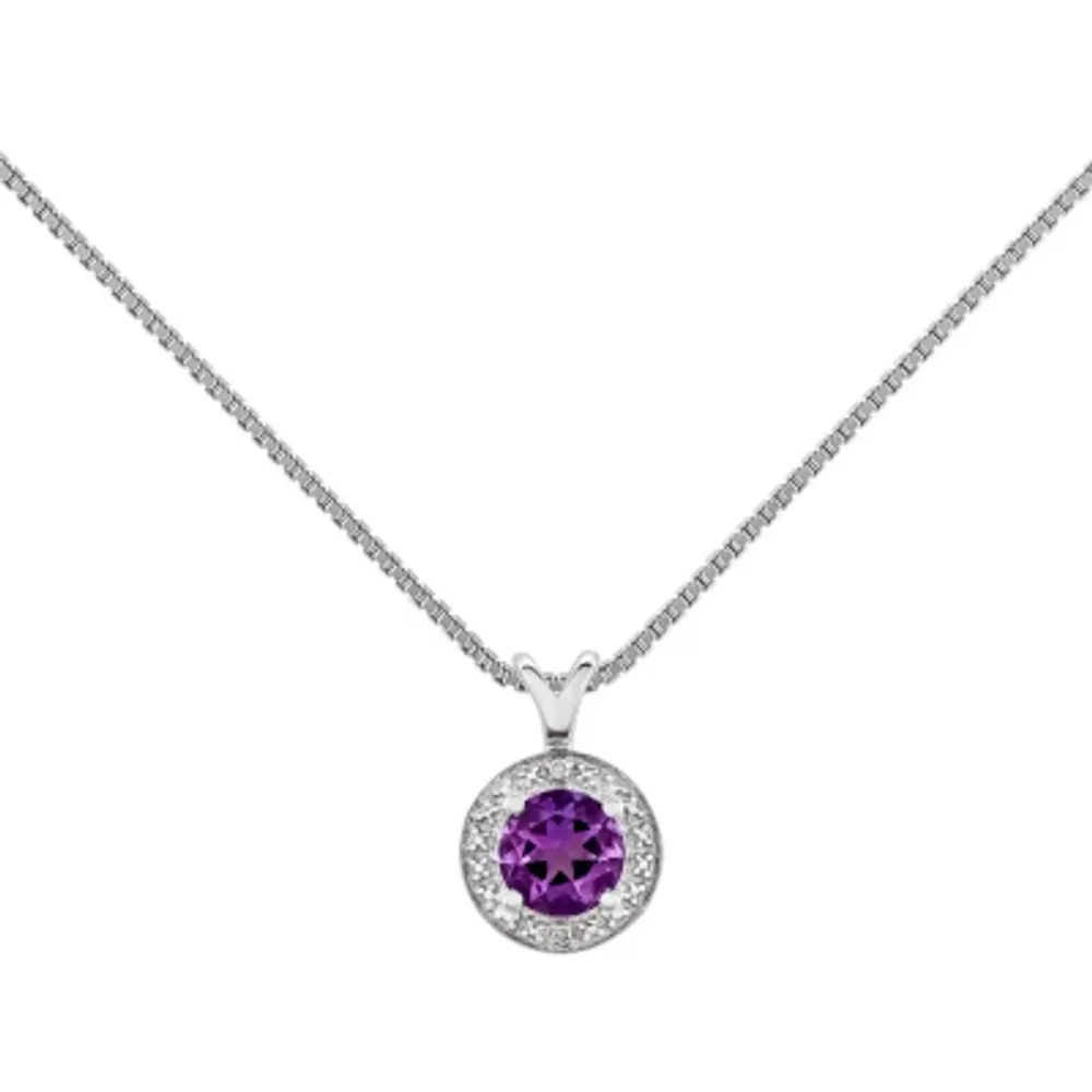 Womens Diamond Accent Genuine Purple Amethyst Sterling Silver Pendant Necklace