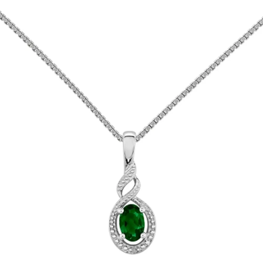 Womens Diamond Accent Lab Created Green Emerald Sterling Silver Pendant Necklace