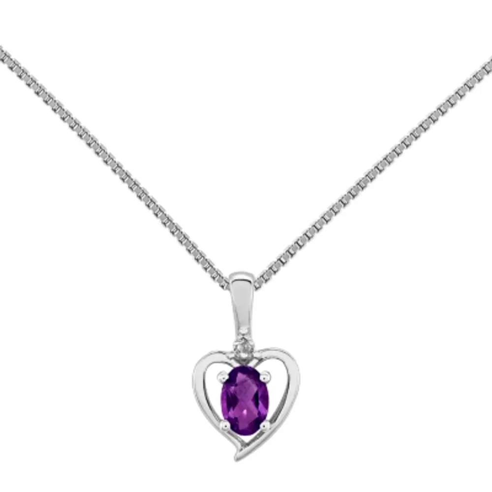 Womens Diamond Accent Genuine Purple Amethyst Sterling Silver Heart Pendant Necklace