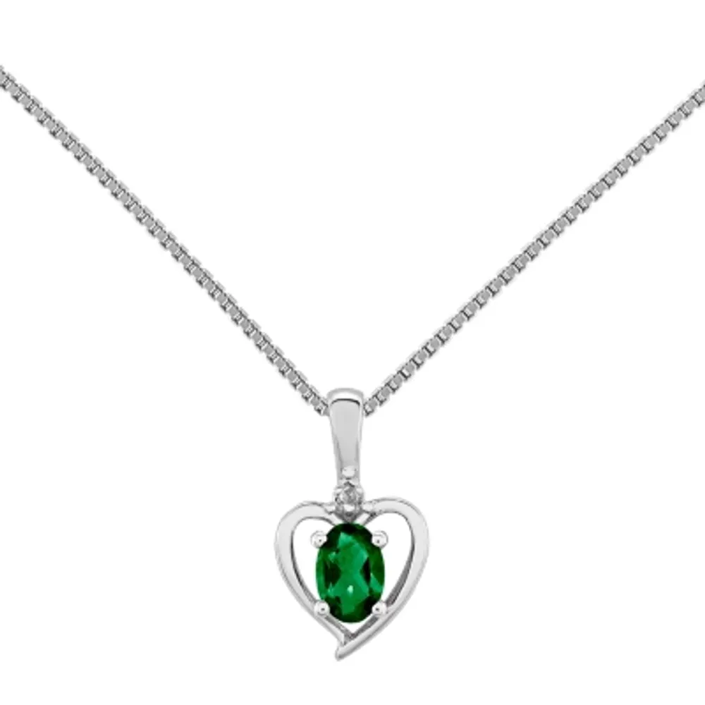 Womens Diamond Accent Lab Created Green Emerald Sterling Silver Heart Pendant Necklace