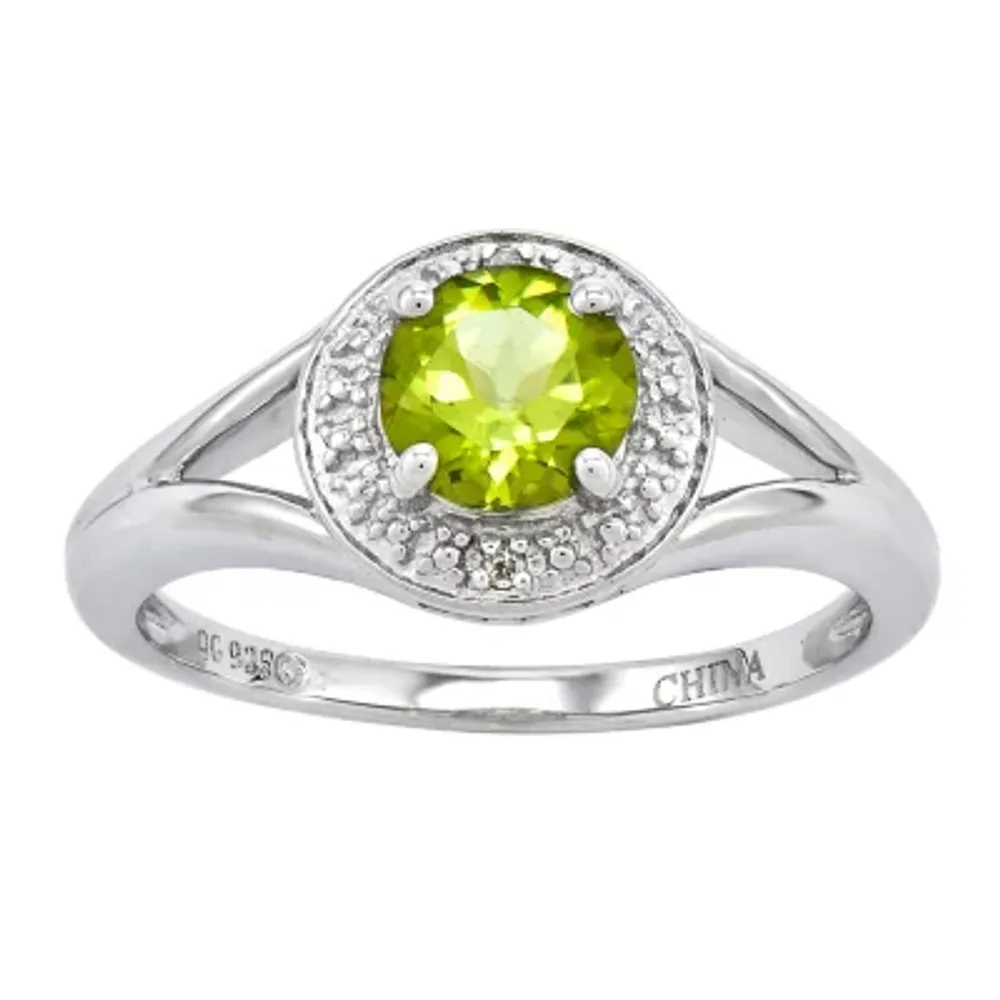 Womens Diamond Accent Genuine Green Peridot Sterling Silver Round Halo Cocktail Ring