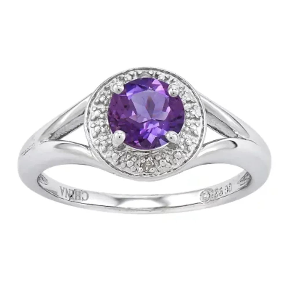 Womens Diamond Accent Genuine Purple Amethyst Sterling Silver Round Halo Cocktail Ring