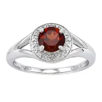 Womens Diamond Accent Genuine Red Garnet Sterling Silver Round Halo Cocktail Ring