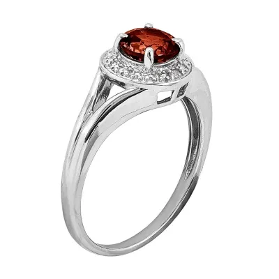 Womens Diamond Accent Genuine Red Garnet Sterling Silver Round Halo Cocktail Ring