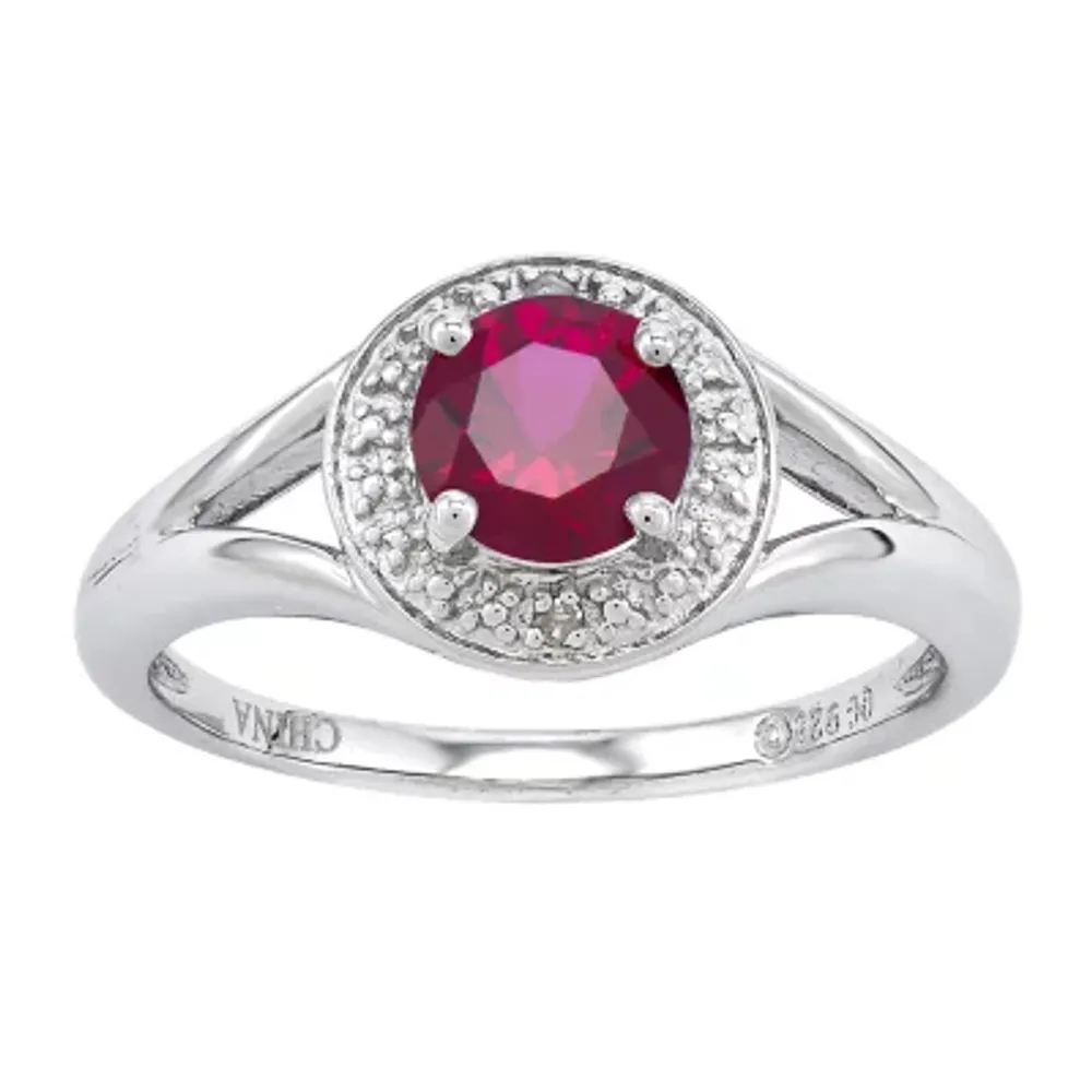 Lead-glass Filled Ruby & Diamond Accent Sterling Silver Halo Ring