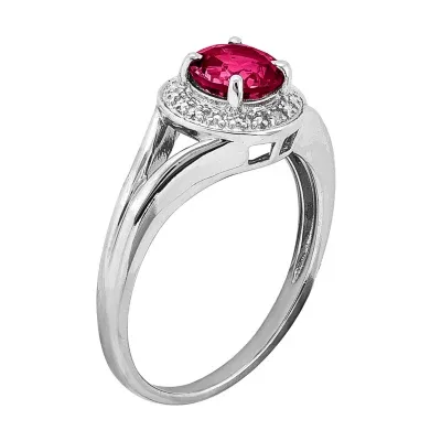 Lead-glass Filled Ruby & Diamond Accent Sterling Silver Halo Ring