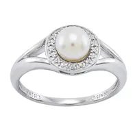 Womens Diamond Accent 6-6.5MM White Cultured Freshwater Pearl Sterling Silver Round Halo Cocktail Ring