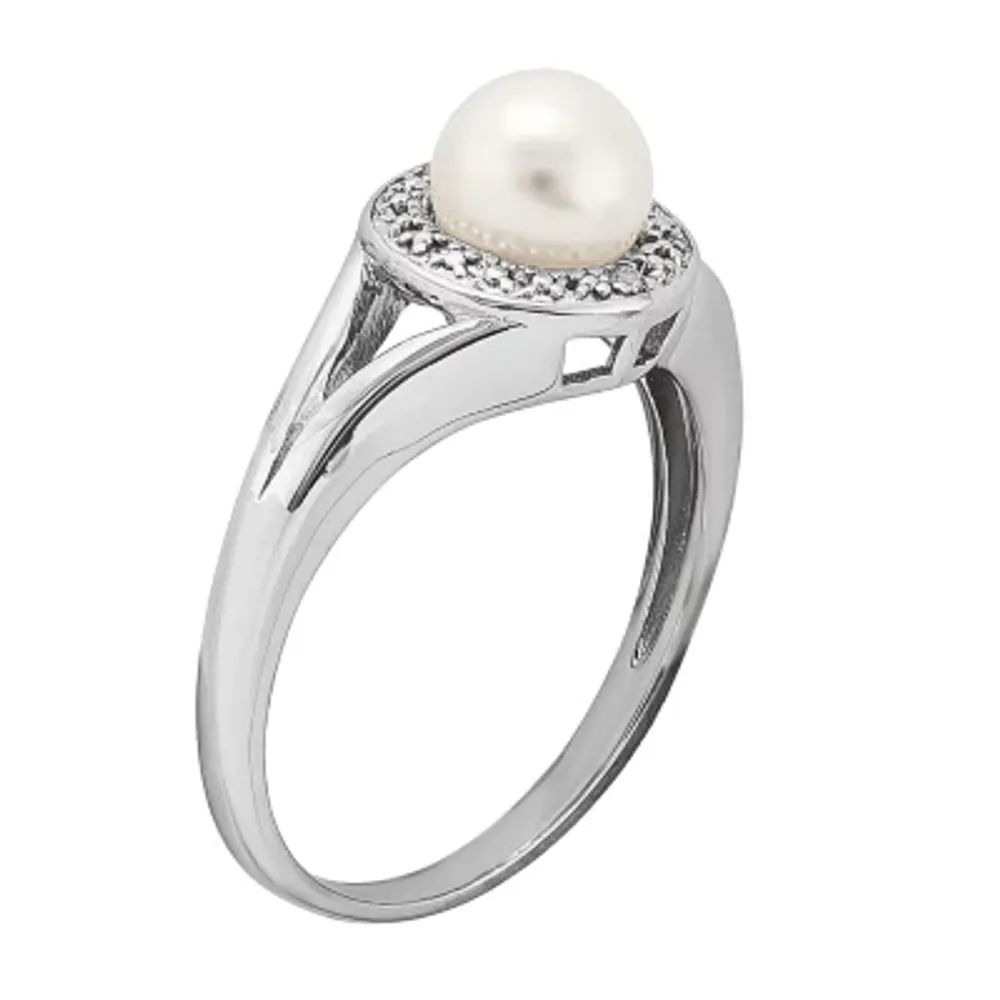 Womens Diamond Accent 6-6.5MM White Cultured Freshwater Pearl Sterling Silver Halo Cocktail Ring