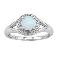 Womens Diamond Accent Lab Created White Opal Sterling Silver Round Halo Cocktail Ring