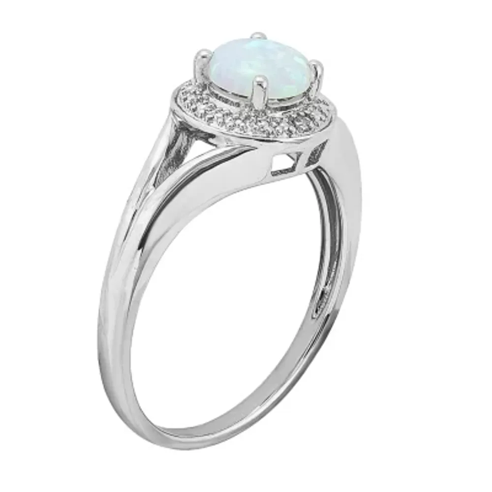 Womens Diamond Accent Lab Created White Opal Sterling Silver Round Halo Cocktail Ring