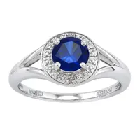 Womens Diamond Accent Lab Created Blue Sapphire Sterling Silver Round Halo Cocktail Ring