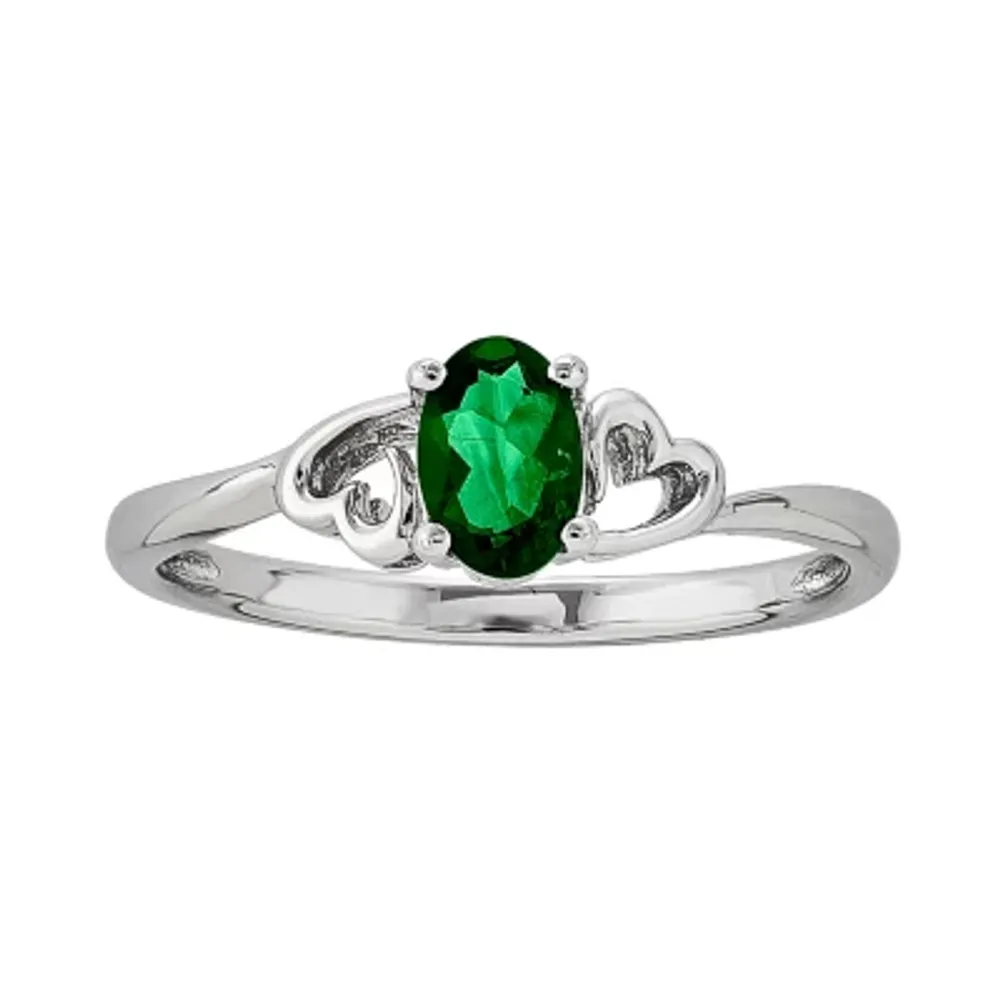 Womens Lab Created Green Emerald Sterling Silver Heart Oval Solitaire Cocktail Ring