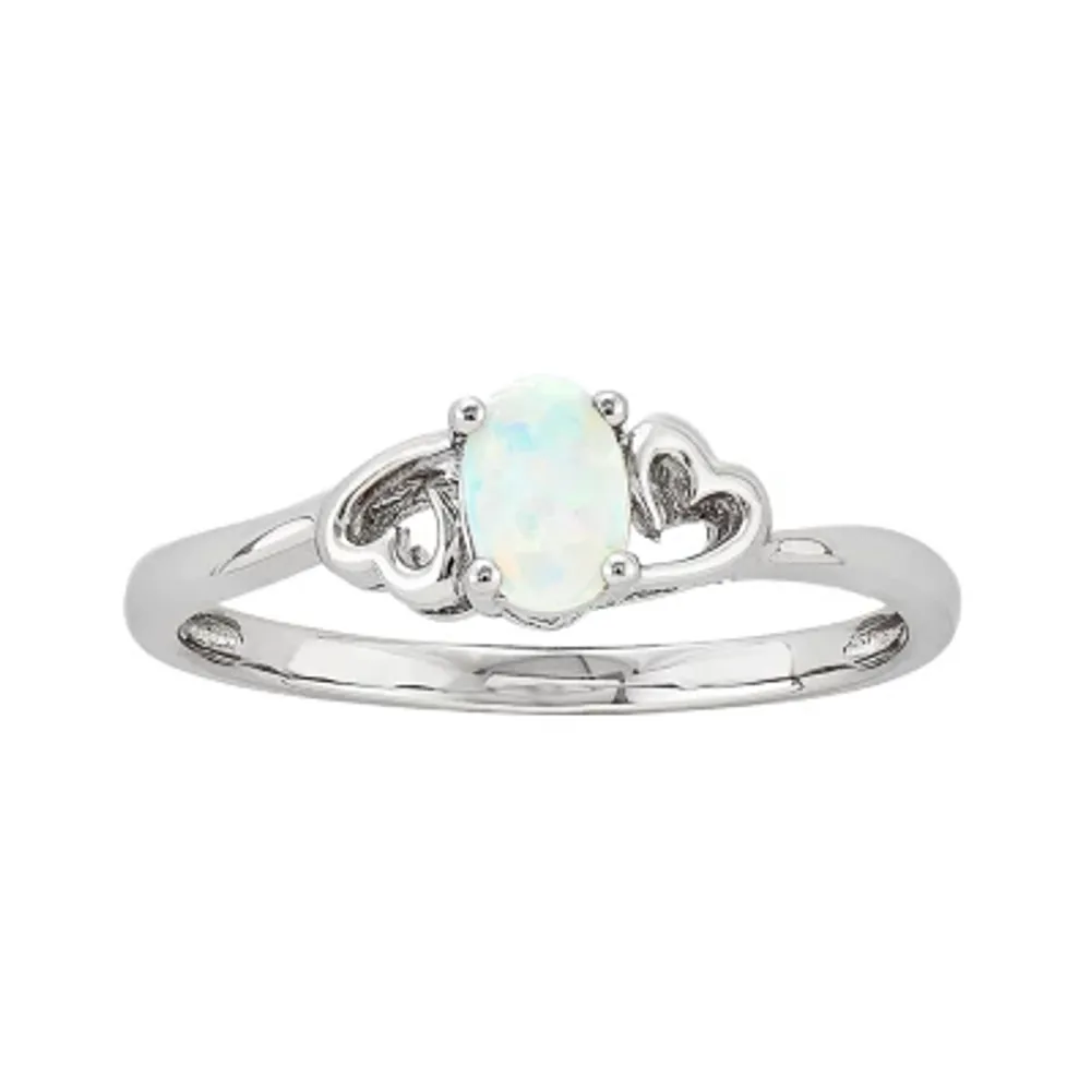 Womens Lab Created White Opal Sterling Silver Heart Oval Solitaire Cocktail Ring