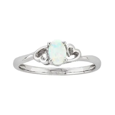 Womens Lab Created White Opal Sterling Silver Heart Oval Solitaire Cocktail Ring