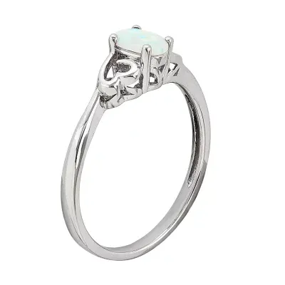 Womens Lab Created White Opal Sterling Silver Heart Oval Solitaire Cocktail Ring