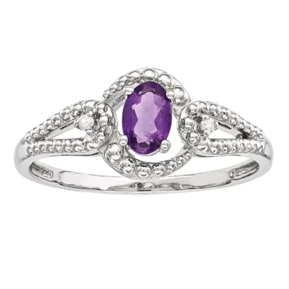 Womens Diamond Accent Genuine Purple Amethyst Sterling Silver Oval Halo Cocktail Ring