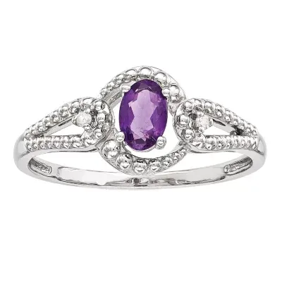 Womens Diamond Accent Genuine Purple Amethyst Sterling Silver Oval Halo Cocktail Ring