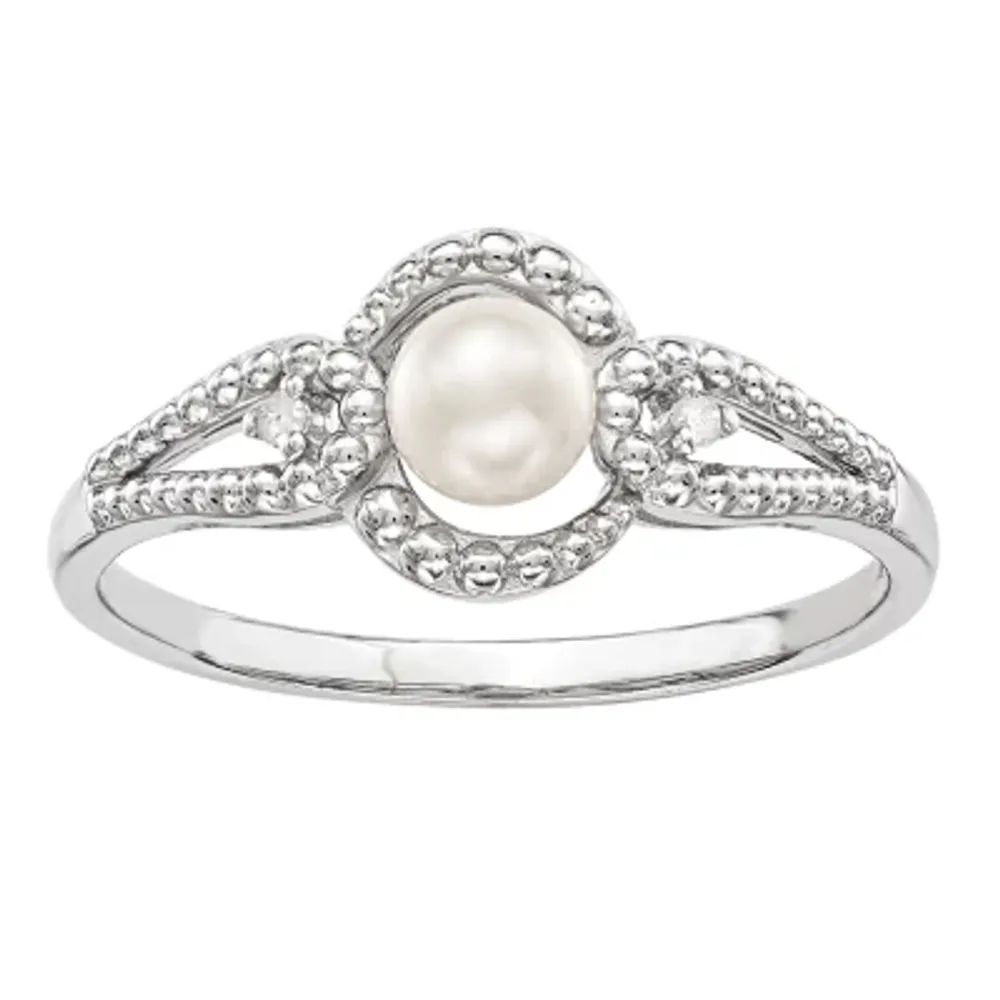 Womens Diamond Accent White Cultured Freshwater Pearl Sterling Silver Round Halo Cocktail Ring