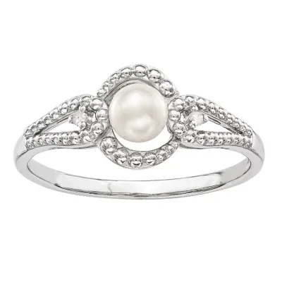 Womens Diamond Accent White Cultured Freshwater Pearl Sterling Silver Round Halo Cocktail Ring
