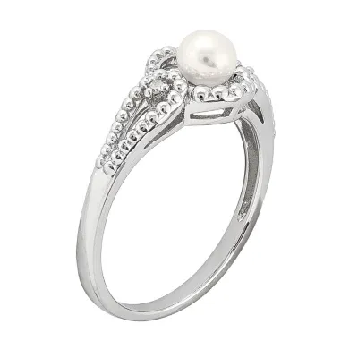 Womens Diamond Accent White Cultured Freshwater Pearl Sterling Silver Halo Cocktail Ring