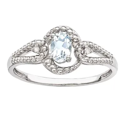 Womens Diamond Accent Genuine Blue Aquamarine Sterling Silver Oval Halo Cocktail Ring