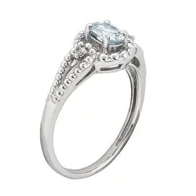 Womens Diamond Accent Genuine Blue Aquamarine Sterling Silver Halo Cocktail Ring