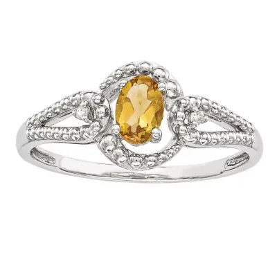 Womens Diamond Accent Genuine Yellow Citrine Sterling Silver Oval Halo Cocktail Ring