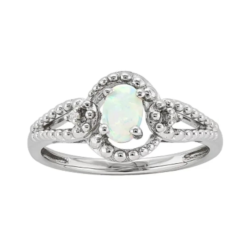 Womens Diamond Accent Lab Created White Opal Sterling Silver Oval Halo Cocktail Ring