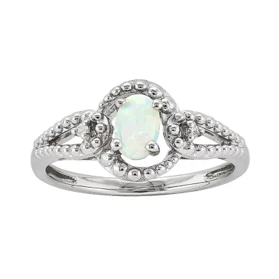 Womens Diamond Accent Lab Created White Opal Sterling Silver Oval Halo Cocktail Ring