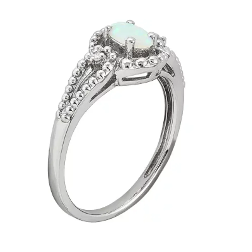 Womens Diamond Accent Lab Created White Opal Sterling Silver Oval Halo Cocktail Ring