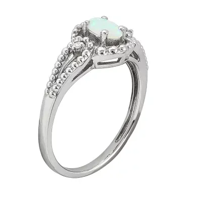 Womens Diamond Accent Lab Created White Opal Sterling Silver Halo Cocktail Ring