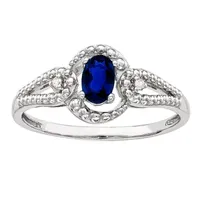 Womens Diamond Accent Lab Created Blue Sapphire Sterling Silver Oval Halo Cocktail Ring