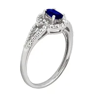 Womens Diamond Accent Lab Created Blue Sapphire Sterling Silver Oval Halo Cocktail Ring