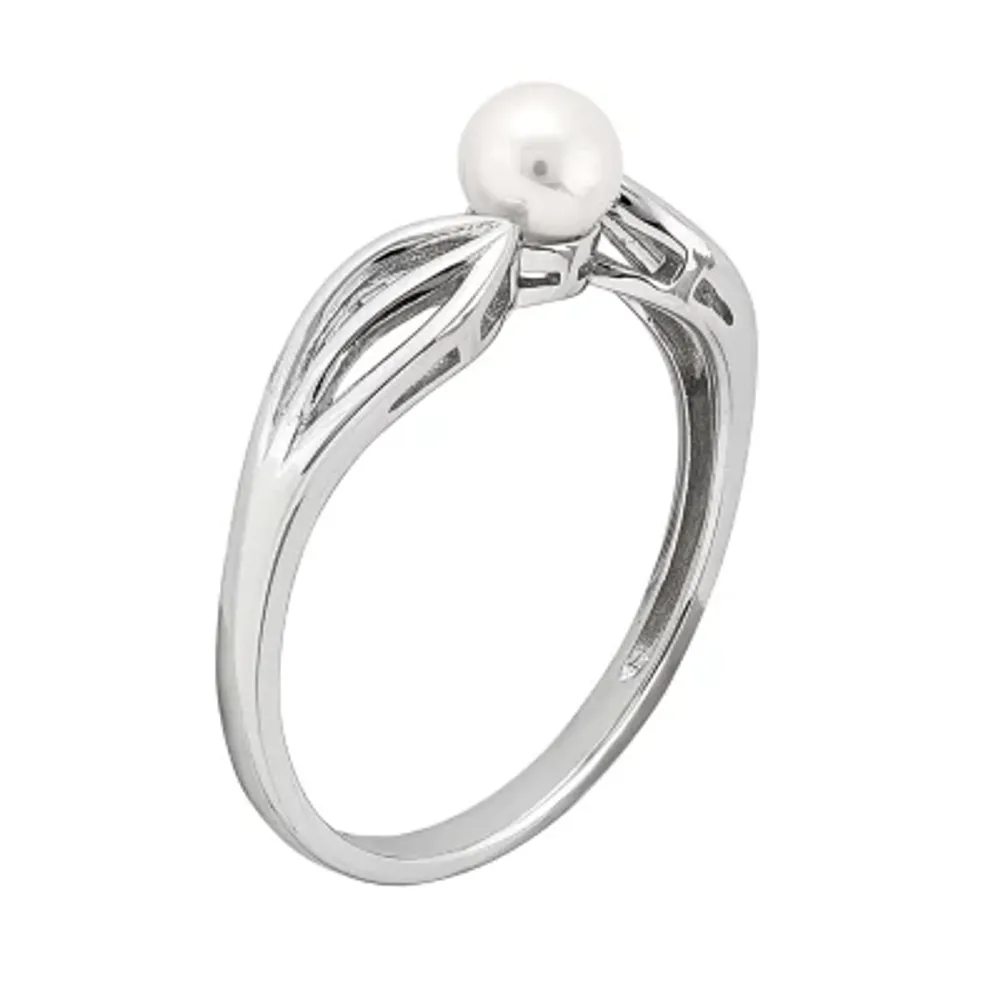 Womens White Cultured Freshwater Pearl Sterling Silver Round Solitaire Cocktail Ring