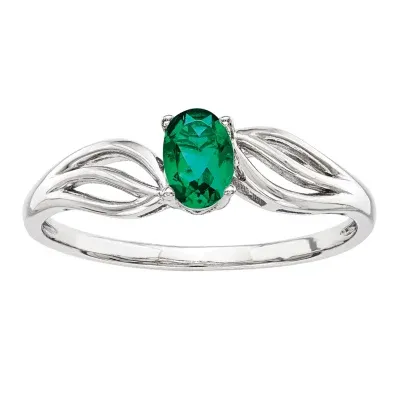 Womens Lab Created Green Emerald Sterling Silver Oval Solitaire Cocktail Ring