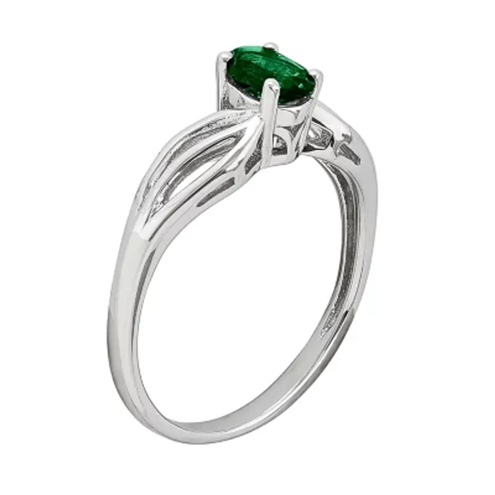 Womens Lab Created Green Emerald Sterling Silver Oval Solitaire Cocktail Ring