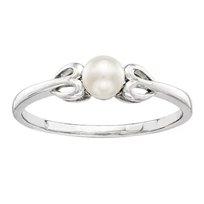 Womens 4MM White Cultured Freshwater Pearl Sterling Silver Heart Round Delicate Cocktail Ring