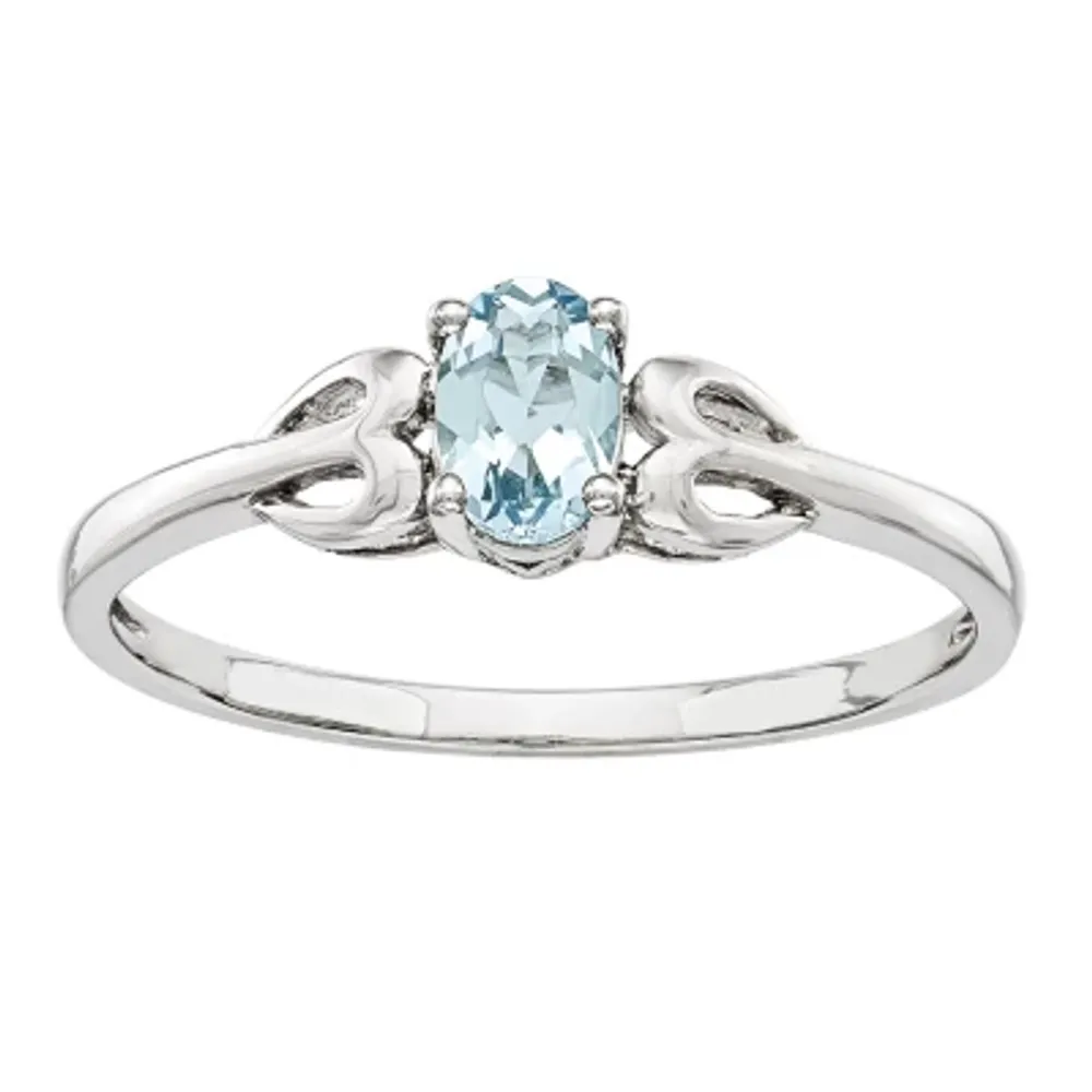 Womens Genuine Blue Aquamarine Sterling Silver Heart Oval Delicate Cocktail Ring