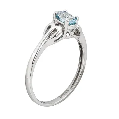 Womens Genuine Blue Aquamarine Sterling Silver Heart Oval Delicate Cocktail Ring