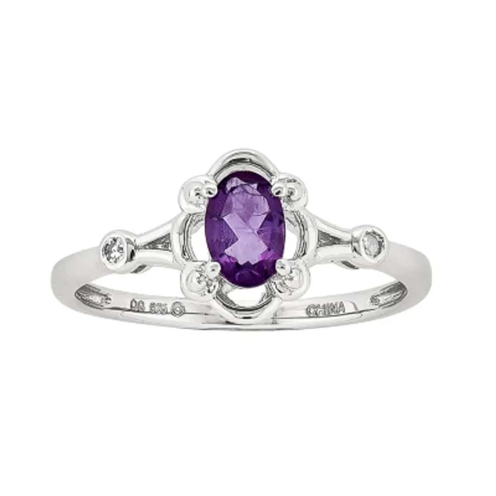 Womens Diamond Accent Genuine Purple Amethyst Sterling Silver Oval Delicate Cocktail Ring