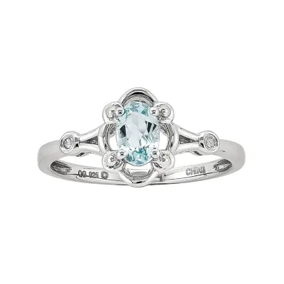 Womens Diamond Accent Genuine Blue Aquamarine Sterling Silver Oval Delicate Cocktail Ring