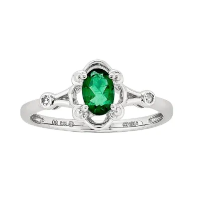 Womens Diamond Accent Lab Created Green Emerald Sterling Silver Oval Delicate Cocktail Ring