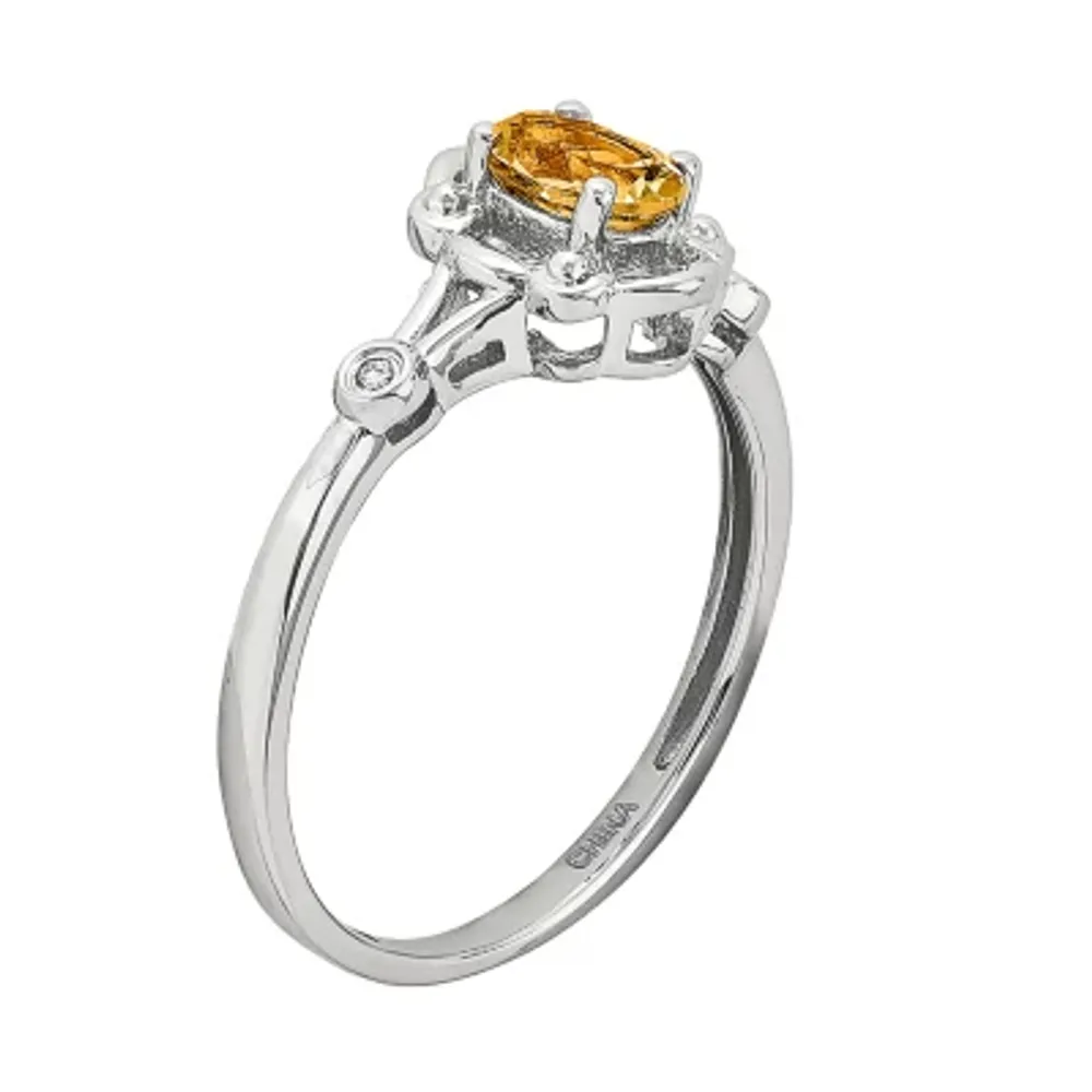 Womens Diamond Accent Genuine Yellow Citrine Sterling Silver Oval Delicate Cocktail Ring