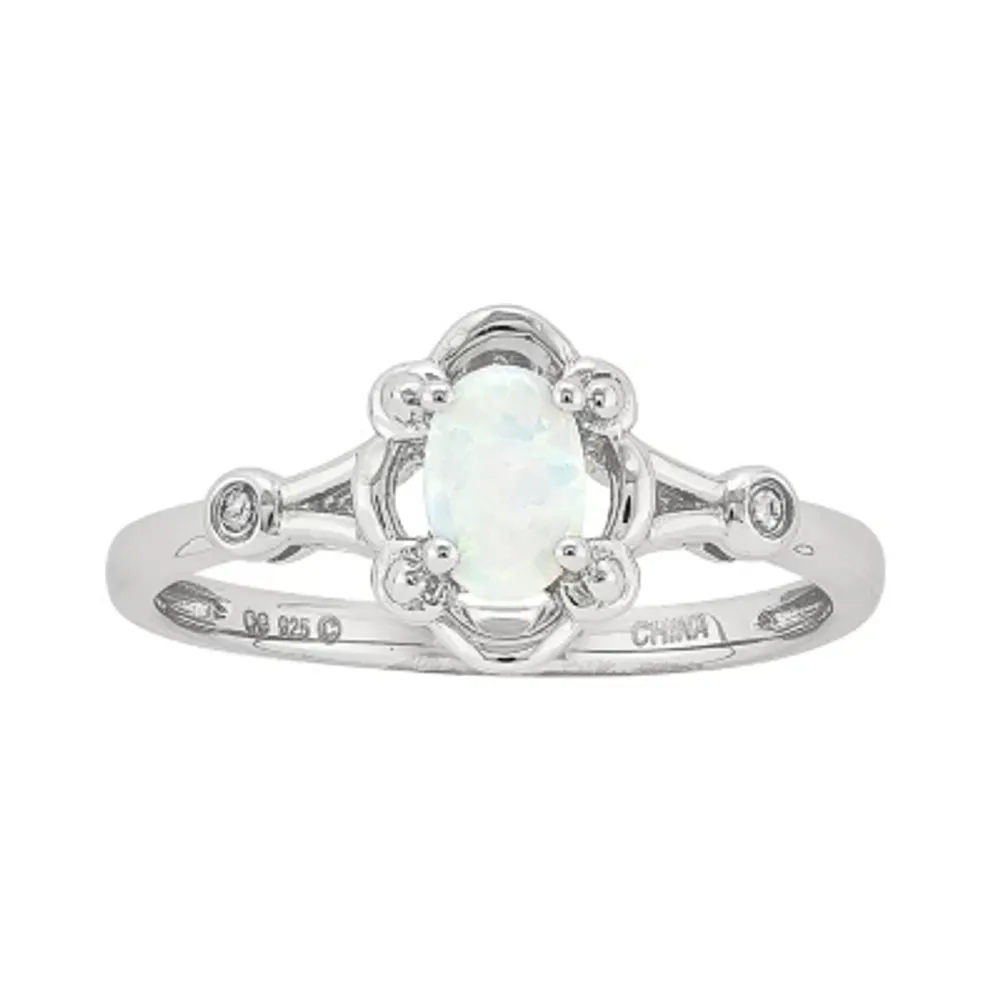 Womens Diamond Accent Lab Created White Opal Sterling Silver Oval Delicate Cocktail Ring