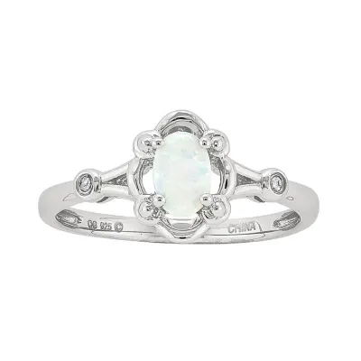 Womens Diamond Accent Lab Created White Opal Sterling Silver Oval Delicate Cocktail Ring